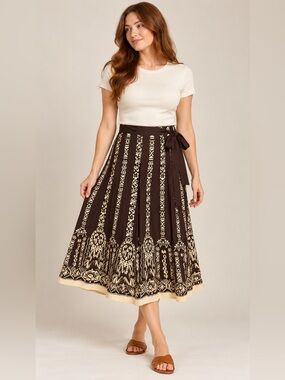 NWT Millenium Brown & Cream Printed True Wrap Midi Skirt Size S